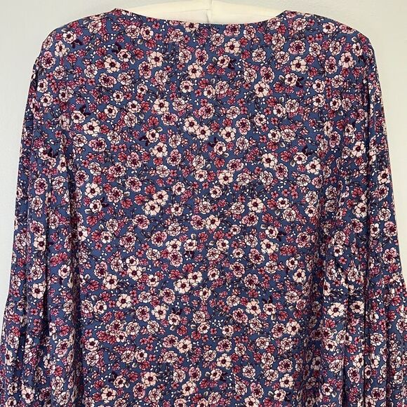 CeCe XL Blue Pink Fuchsia Ruffle V-Neck Neck Long Sleeve Floral Blouse - Picture 4 of 9